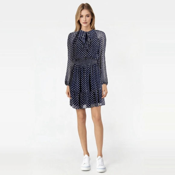 Lauren Ralph Lauren, Navy Polka Dot Isidra Dress, Size 12 - Picture 1 of 13